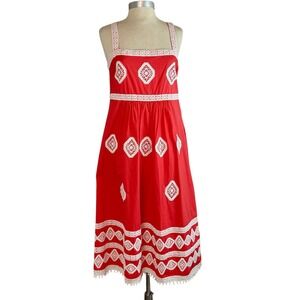 Tyler Boe Candie Midi Dress Red White Embroidered Cotton Boho Vacation Resort